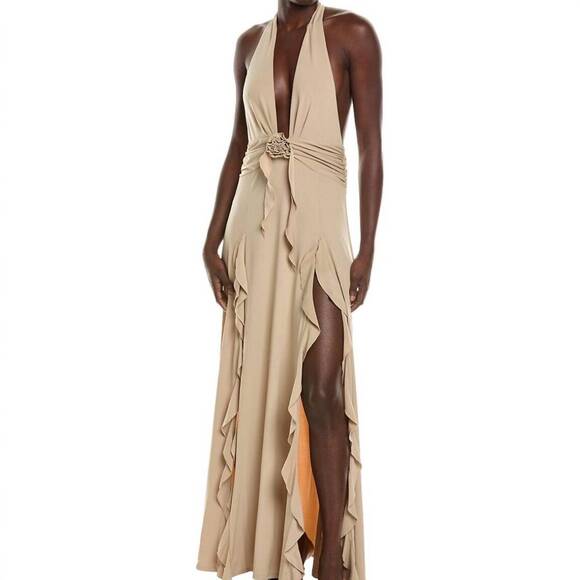 We Wore What Dresses | New We Wore What Halter Ruffle Maxi Dress In Khaki | Color: Brown | Size: M | New_By_Felicity's Closet We Wore What Dresses | New We Wore What Halter Ruffle Maxi Dress In Khaki | Color: Brown | Size: M | New_By_Felicity's Closet
